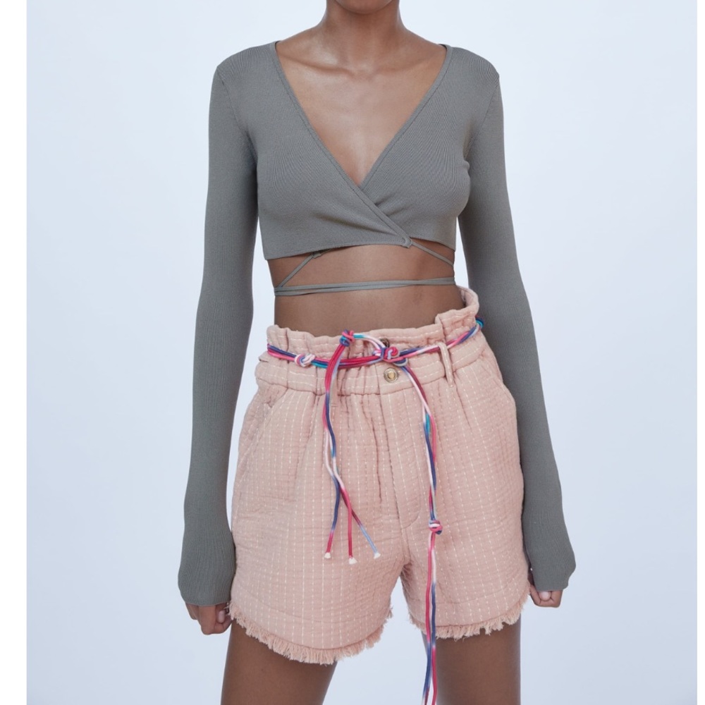 Zara Premium Quilted Shorts With Ties Coral Pink